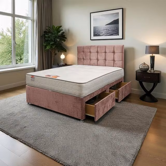 Knight Sleep Modern Upholstered Velvet Bed Frame with Headboard and Drawers in Pink, W/D/H: 180 x 200 cm
