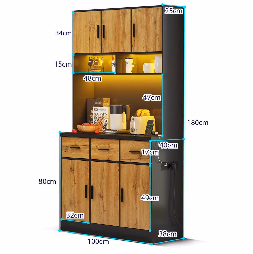 STILVORA Modern Kitchen Cabinet in Natural, featuring 3 Drawers, Integrated LED Lighting and USB, Width: 180 cm – 2