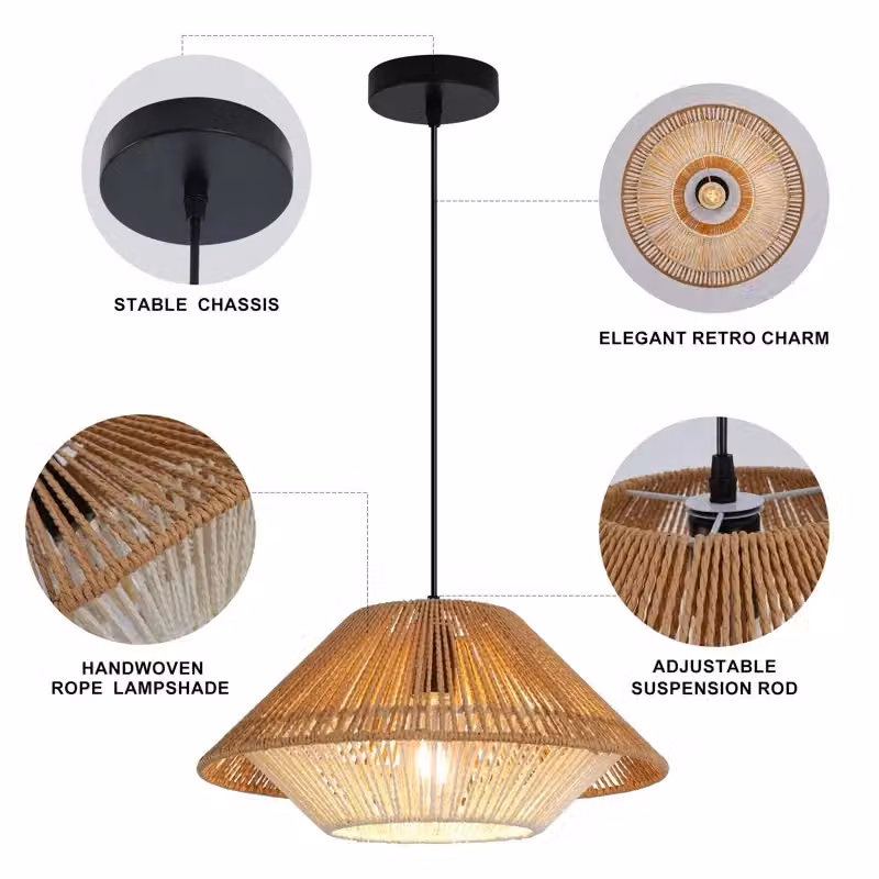 Garwarm Brown Rattan Farmhouse Cone Pendant Light with Adjustable Height and Dimmable Function – 4