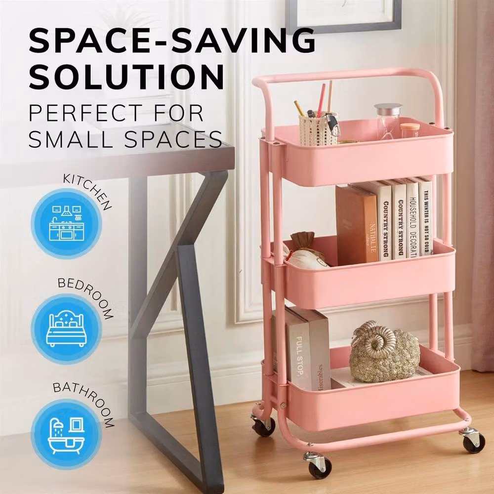 Havendro 3 Tier Metal Storage Cart on Wheels in Pink – 3