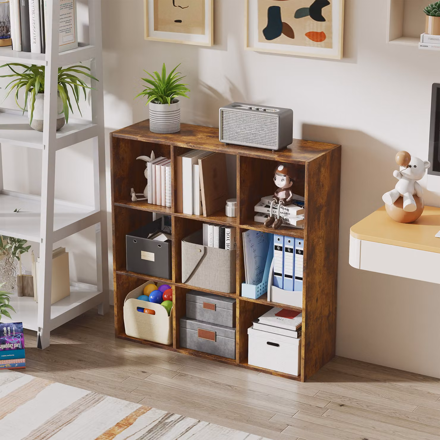 HOMCOM 3-tier 9 Cube Storage Unit and Bookcase Organiser in Rustic Brown – 6
