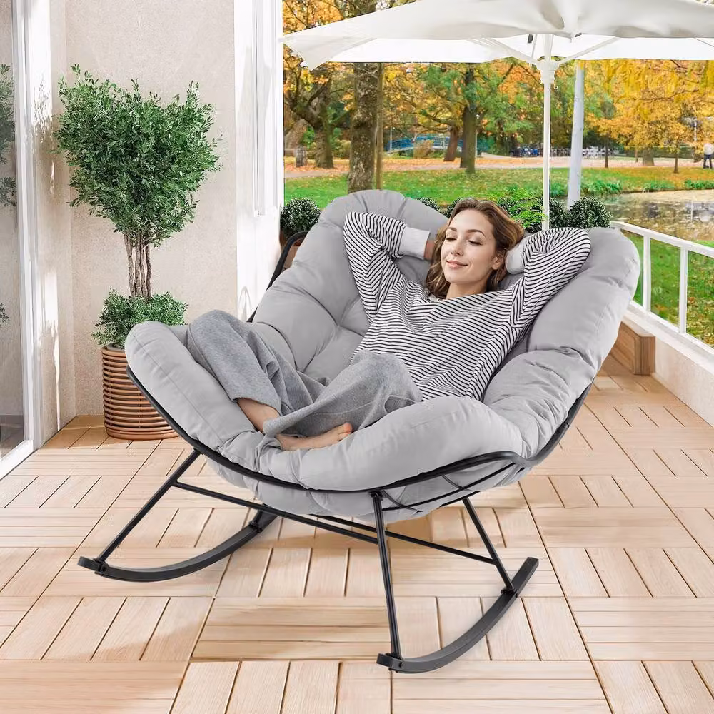 Gymax Oversized Egg Papasan Rocking Chair with Cushion in Grey – 4