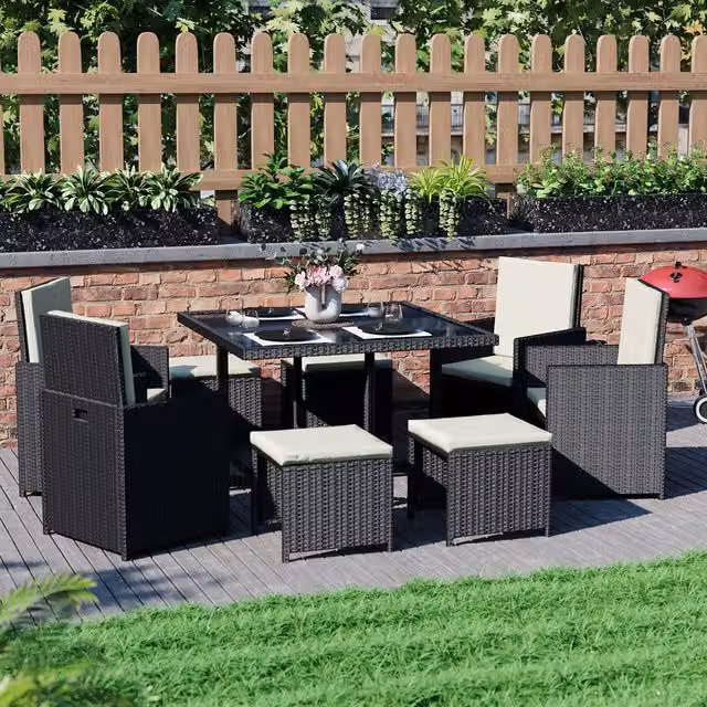Vida Designs Cuba 8 Seater Rattan Dining Set with Glass Top, Black
