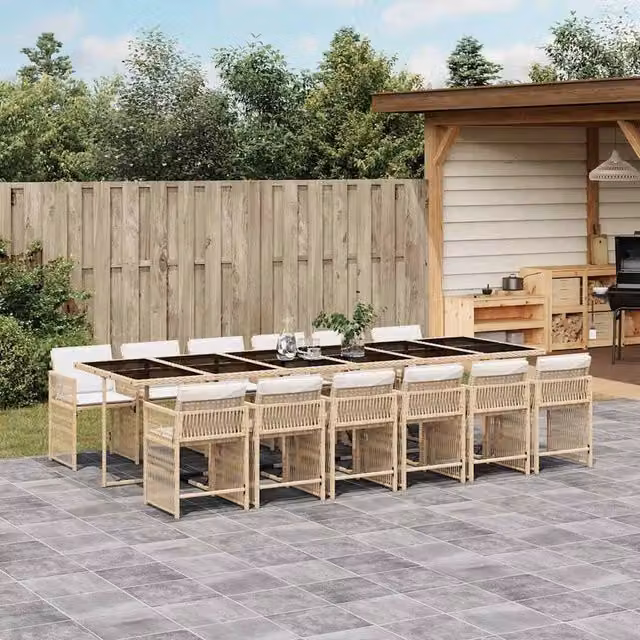 Berkfield Home 13 Piece Extendable Garden Dining Set with Beige Cushions and Glass Top in Poly Rattan