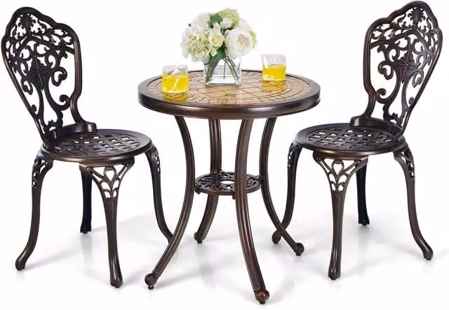 Costway 3 Piece Outdoor Patio Table and Chairs Set in Bronze Matt Metal