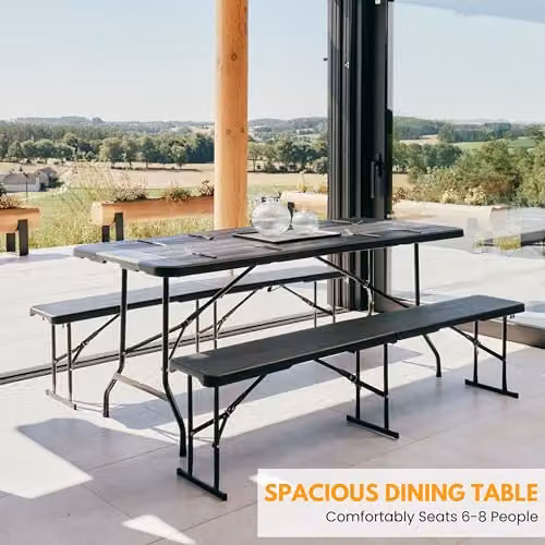 NOVECRAFTO 6ft Folding Table and Bench Seat Set with Black Wood Grain Plastic Surfaces and Steel Frames – 2