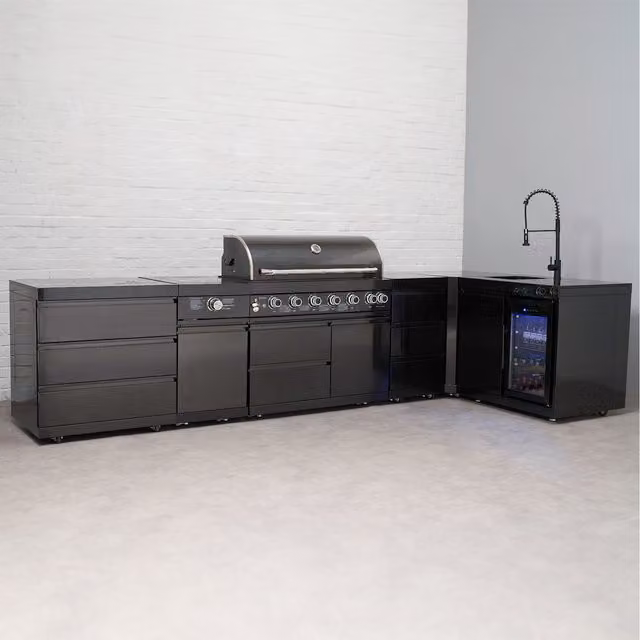 Draco Grills Black Stainless Steel Outdoor Gas Kitchen with Granite Worktop, Sear Station, Fridge and Sink
