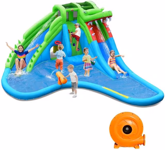 COSTWAY 7 in 1 Inflatable Bounce House with Slide and Spray, Blue and Multicolour