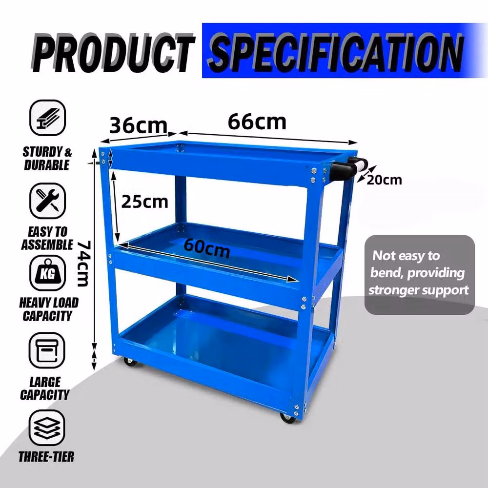 Dprodo Heavy Duty 3-Shelf Rolling Metal Cart with Brake Wheels, Blue, W/D/H: 60 x 60 x 74 cm – 3