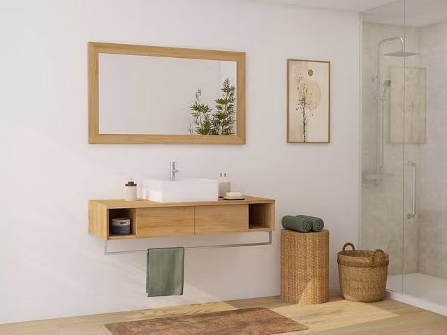 Vente-unique Wall-Mounted Teak Bathroom Vanity Unit with Towel Rail in Light Oak – 1