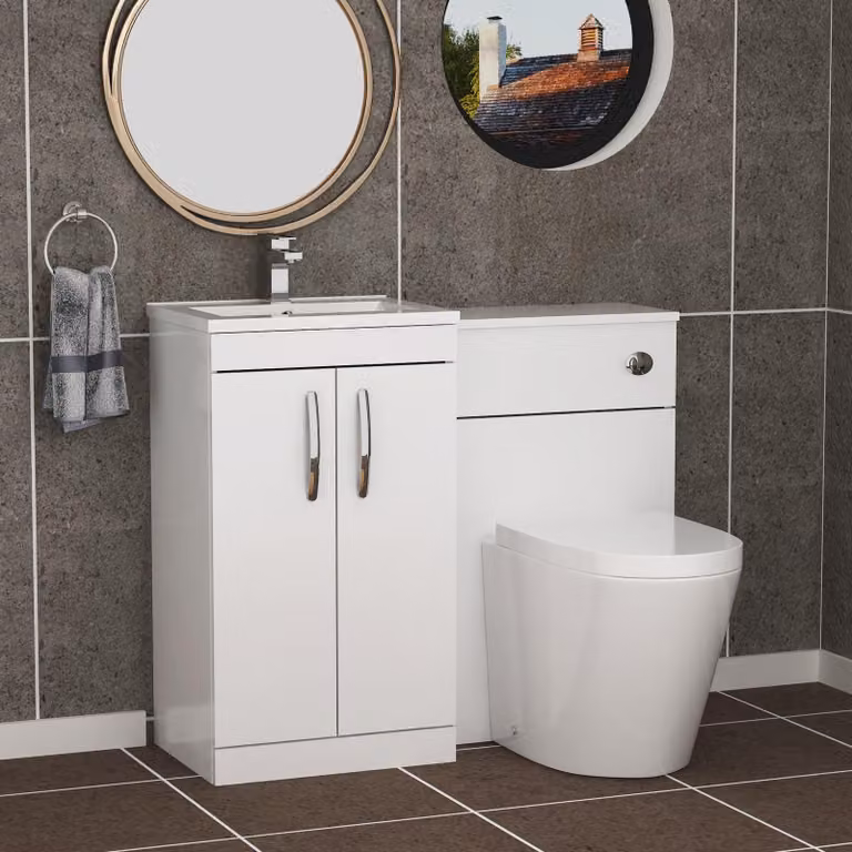 Royal Bathrooms Turin 1000mm Gloss White 2-Door Minimalist Basin and Cesar Back to Wall Toilet Pack