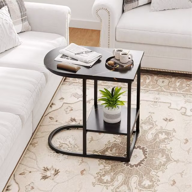 COSTWAY Modern Black Marble Oval Side Table with Metal Sled Base