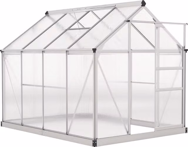 Outsunny Walk-In Greenhouse with Sliding Door and Gable Roof, Transparent Polycarbonate and Aluminium Garden Greenhouse, W/D/H: 182.88 x 243.84 x 201 cm – 1