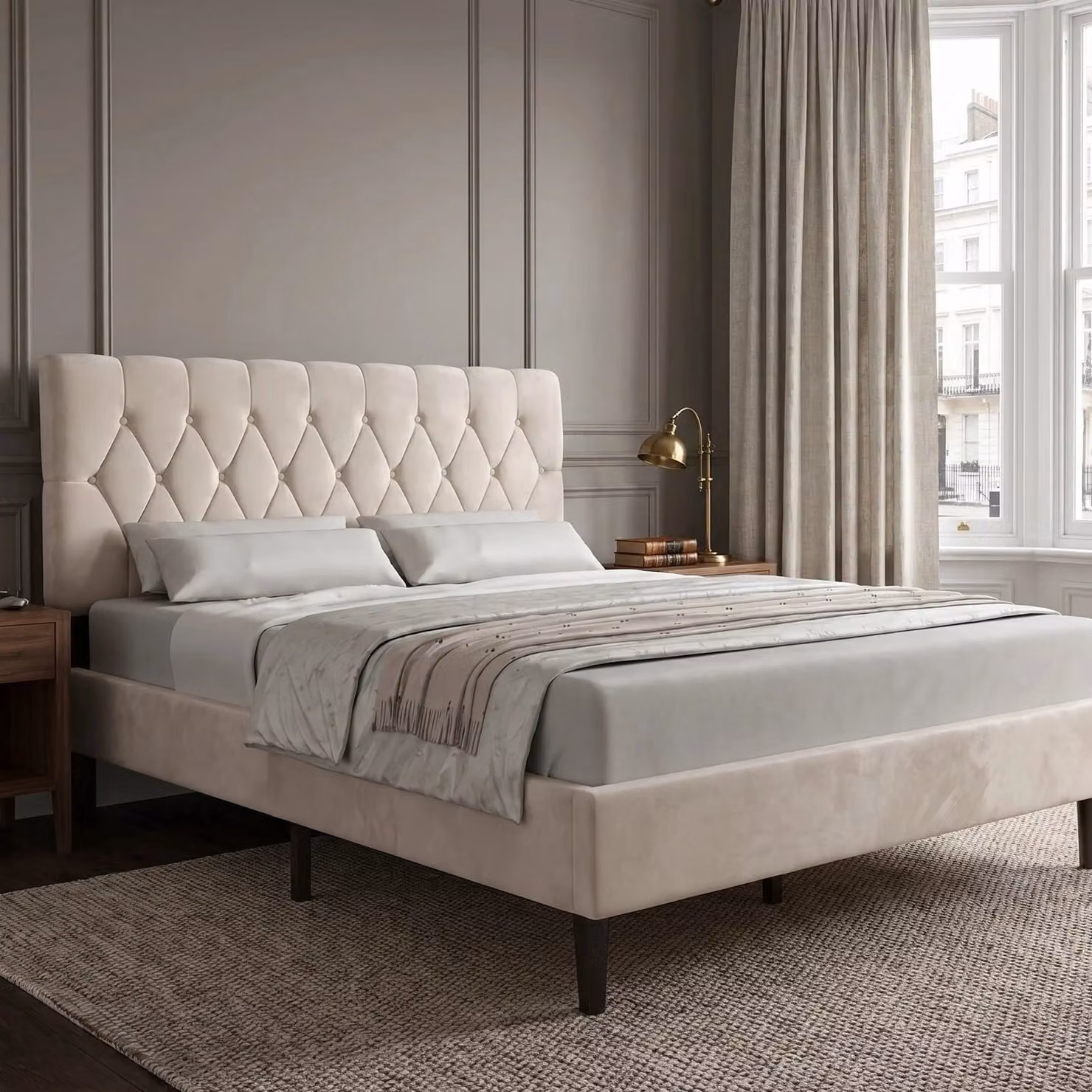 DHS Chesterfield Velvet Bed Frame with Adjustable Headboard in Beige