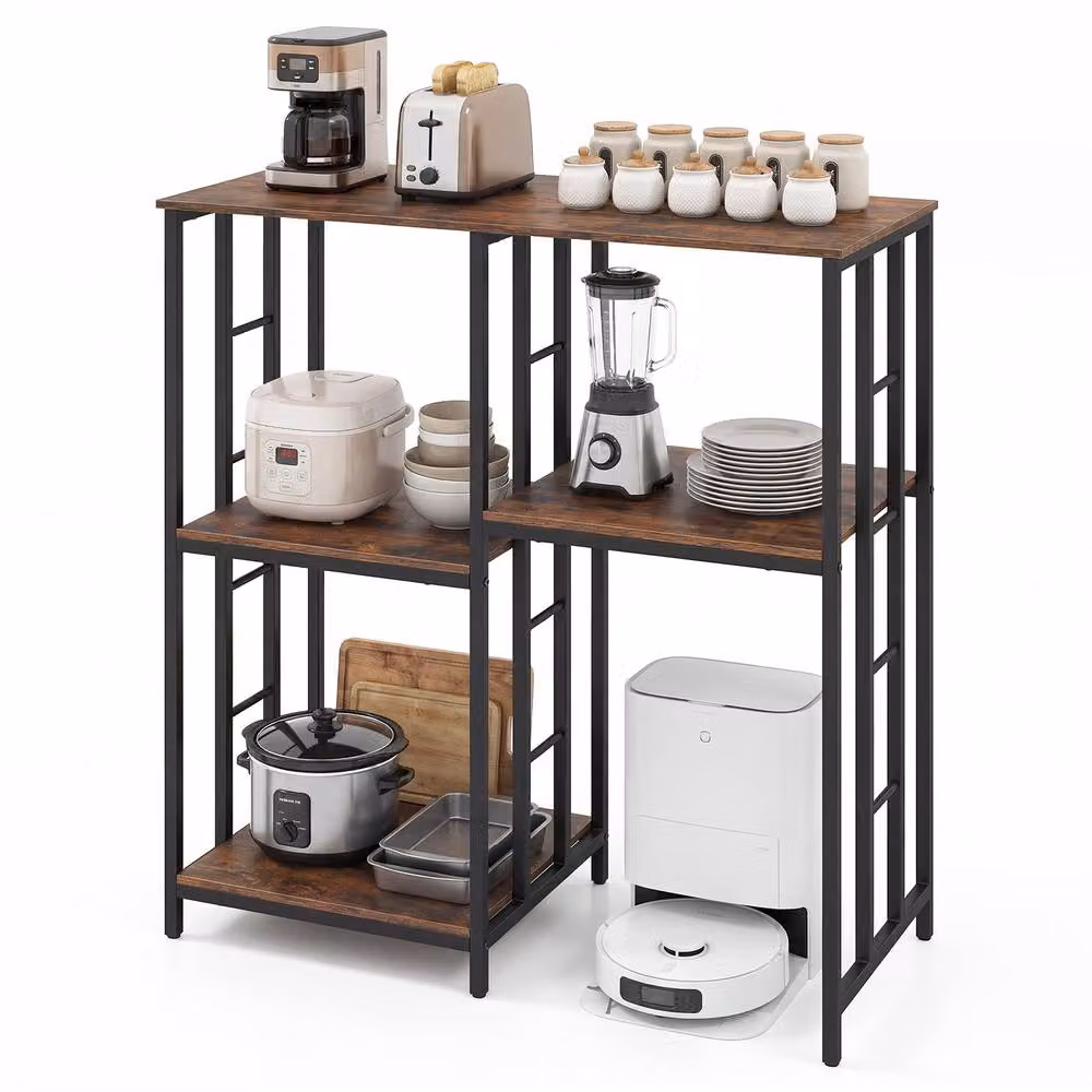 Gymax Brown Kitchen Storage Unit with 4 Shelves for Oven and Microwave Stand – 8