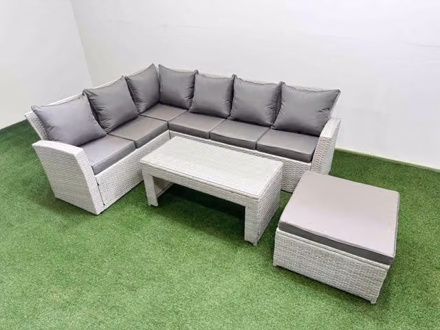 Fimous Outdoor 7 Seater L-Shape Corner Sofa Set with Ottoman and Coffee Table in Light Grey