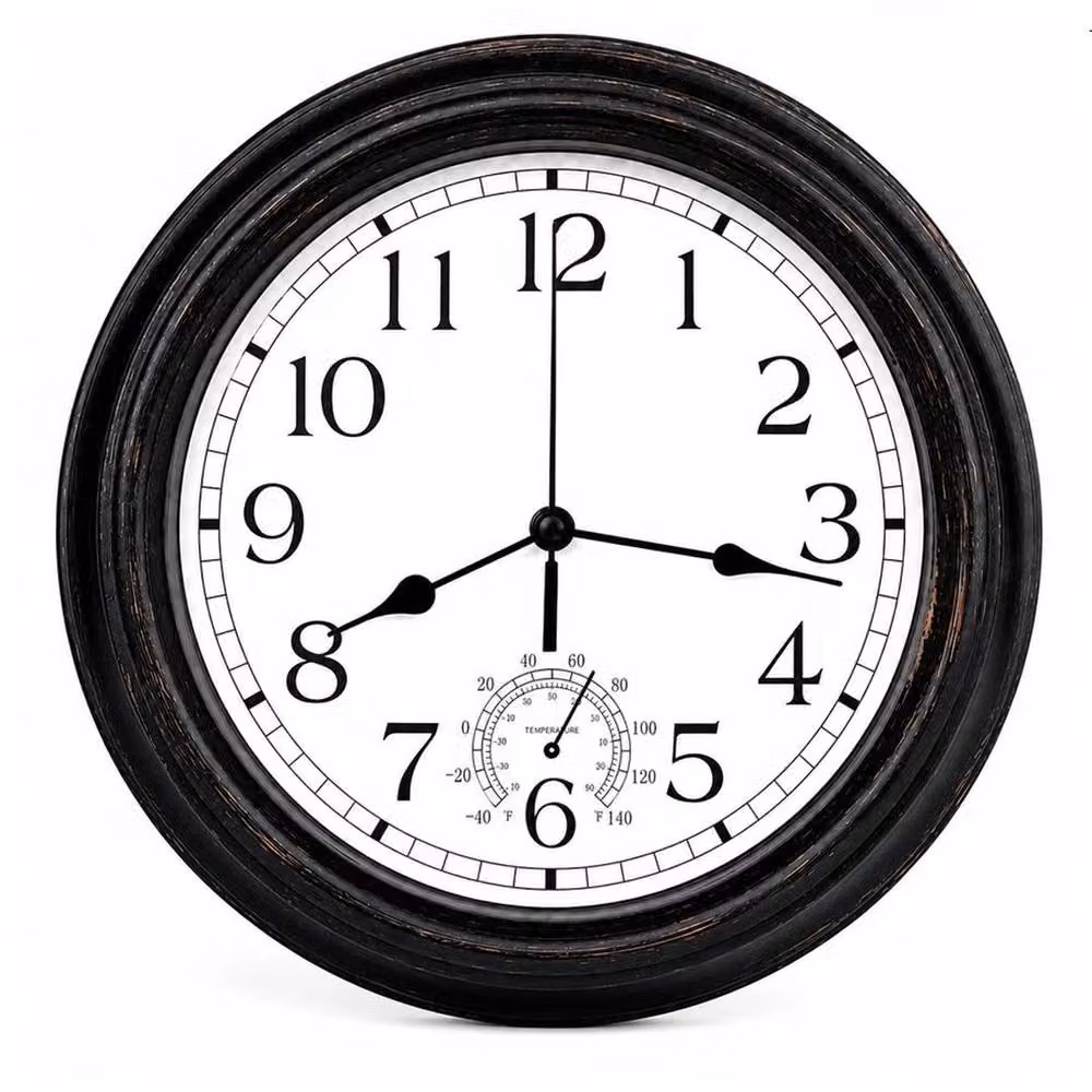 SPETLEK Vintage Round Metal Garden Wall Clock with Thermometer, Black, Diameter: 30.48 cm – 2