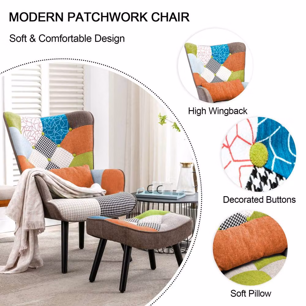 HomeMiYN Orange and Multicolour Abstract Patchwork Mid-Century Single-Seater Sofa with Matching Ottoman and Armrests – 3