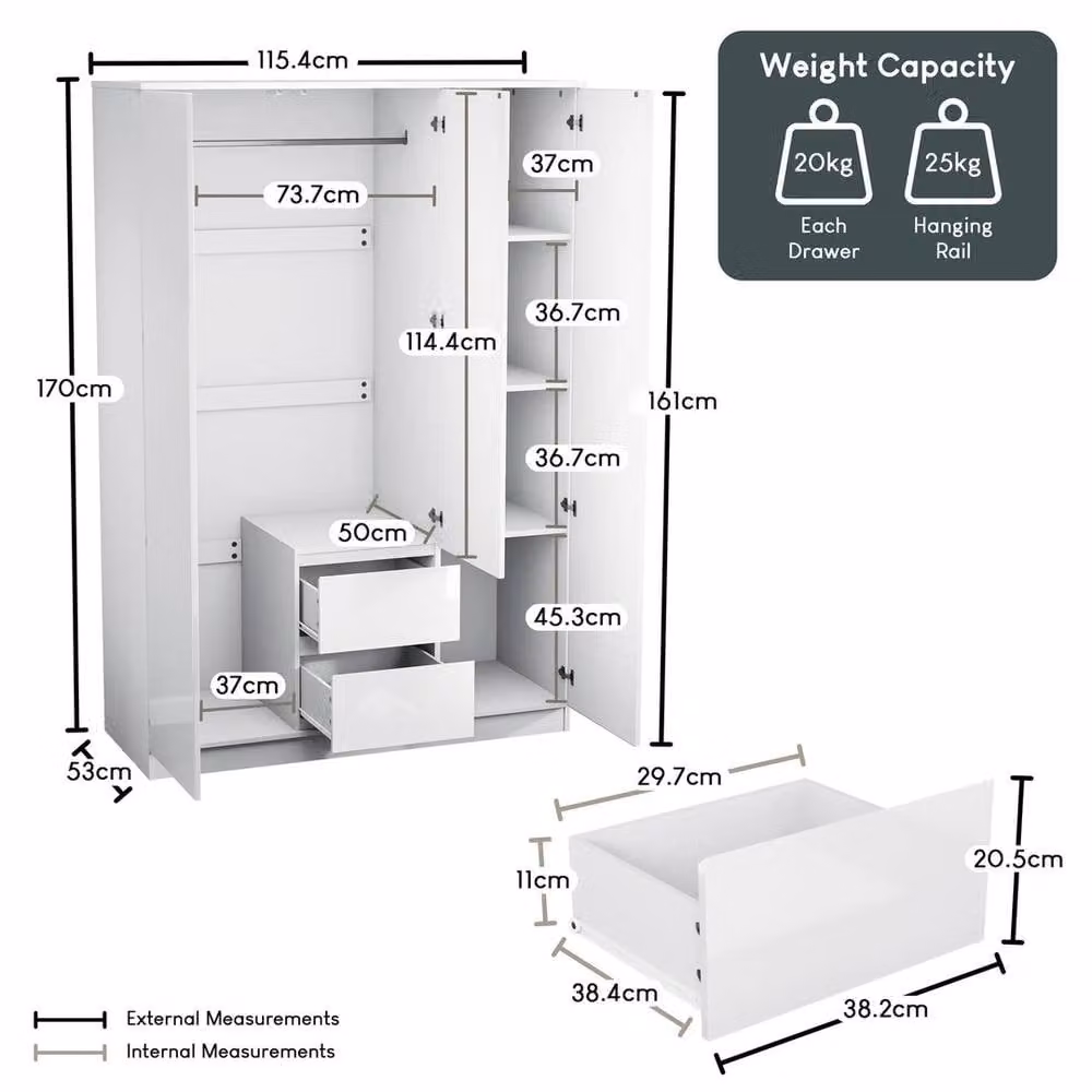 Kelvenix White Modern Gloss 3 Door 2 Drawer Wardrobe with Push to Open Mechanism, H 170 cm x W 115.4 cm x D 60 cm – 2