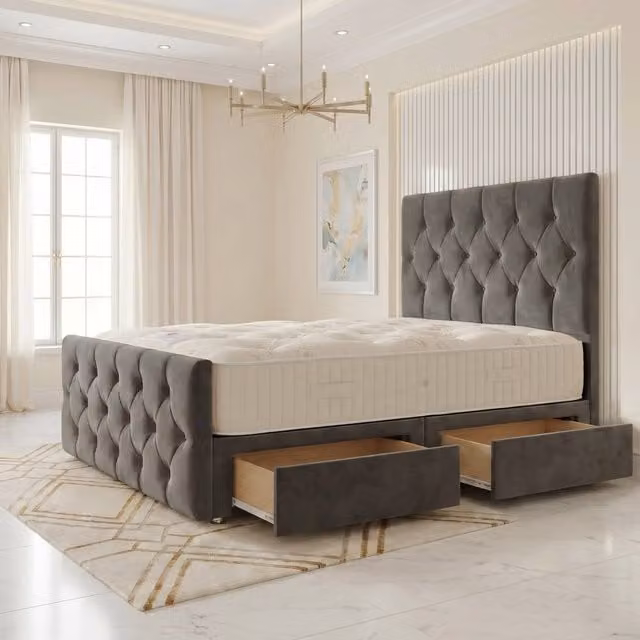 Somnior Ziggy Velvet Divan Bed with Mattress, 2 Drawers, 54 inch Headboard and 22 inch Footboard, Grey, W/D/H: 120 x 200 cm