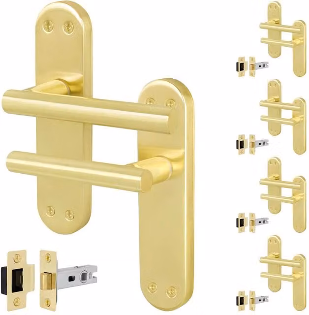 AFIT T-Bar Satin Brass Internal Handles with Latch Backplate in Gold, 5 Pairs, W/D/H: 150 x 100 x 17.5 mm