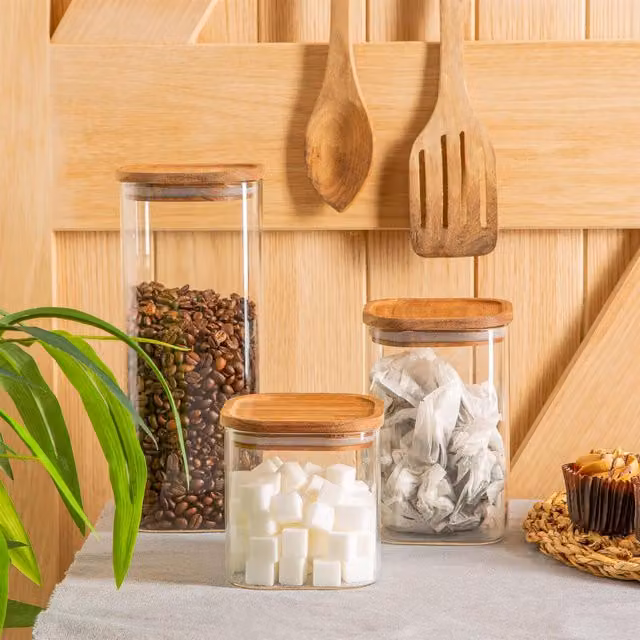 Argon Tableware 3 Piece Set of Square Glass Storage Jars with Wooden Lids in Transparent and Yellow