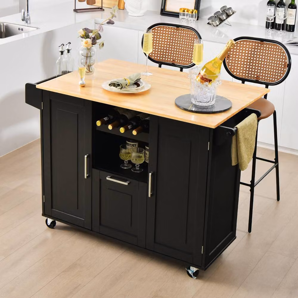 Costway Rolling Kitchen Trolley Cart with Drop-Leaf Countertop in Black – 2