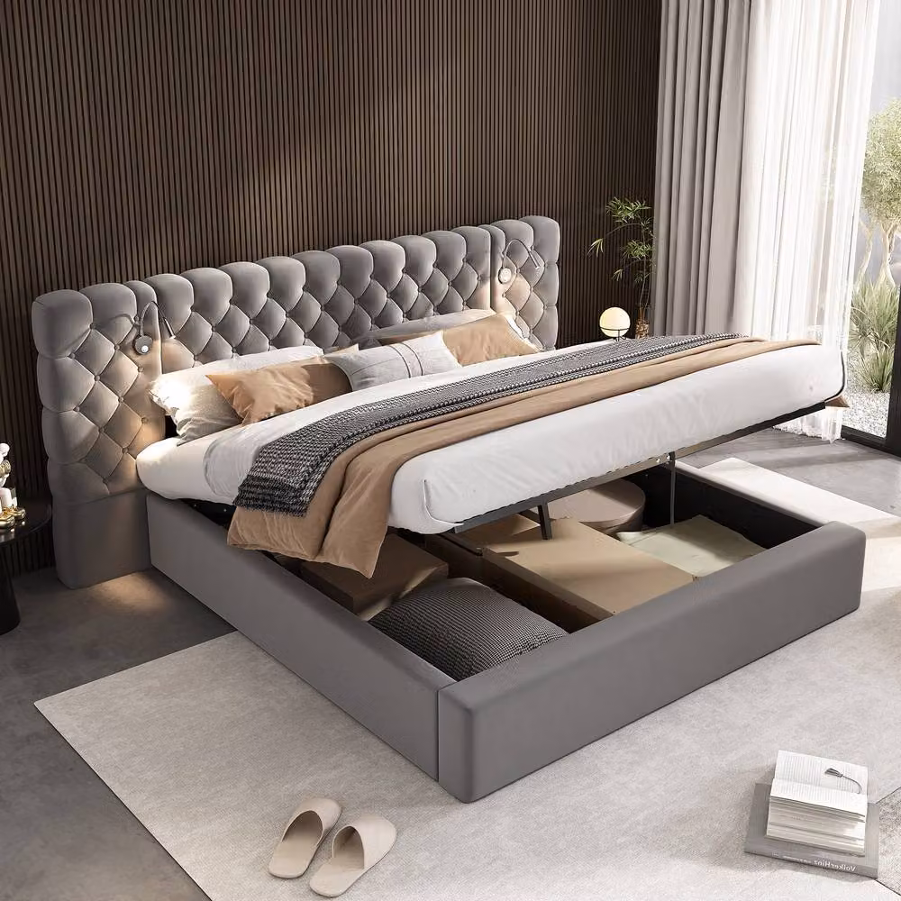 ModernLuxe Grey Velvet King Ottoman Bed with Wide Headboard and Integrated Reading Light – 3
