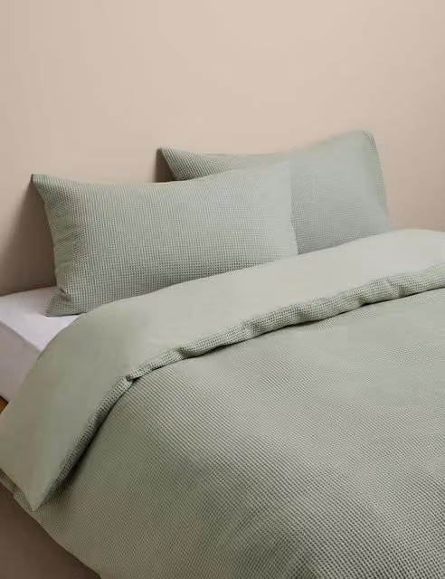 M&S Washed Cotton Waffle Bedding Set, Green, W: 140 cm, L: 200 cm