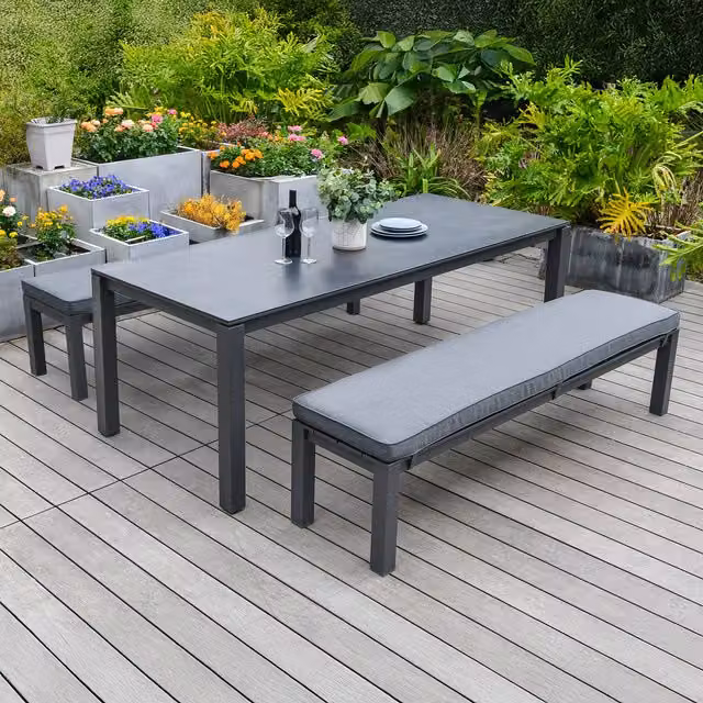 Bracken Outdoors Maldives 6 Seat Rectangular Garden Dining Bench Set in Dark Grey Metal