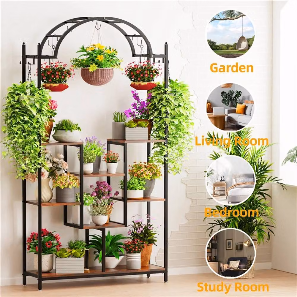 Ventryn 5-Tier Vintage Metal and MDF Plant Stand Shelf with Hanging Hooks in Brown – 3