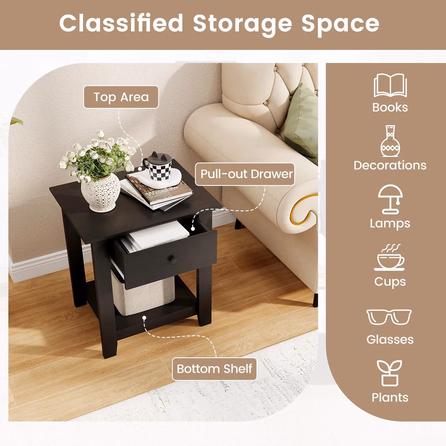 Gymax Set of 2 Modern 3-Tier Bedside Tables with Drawer in Black – 6