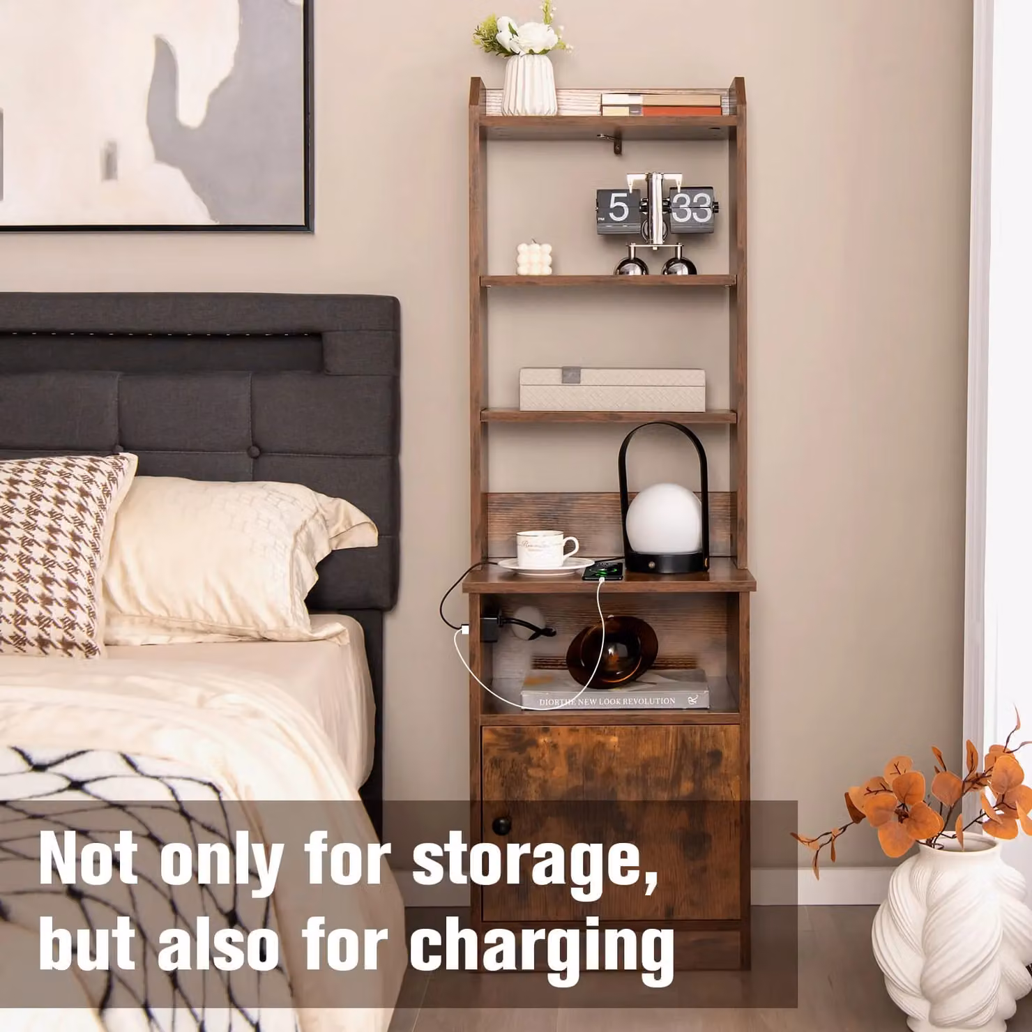 Gymax 6-Tier Tall Nightstand Bedside Table with Charging Station in Brown – 4