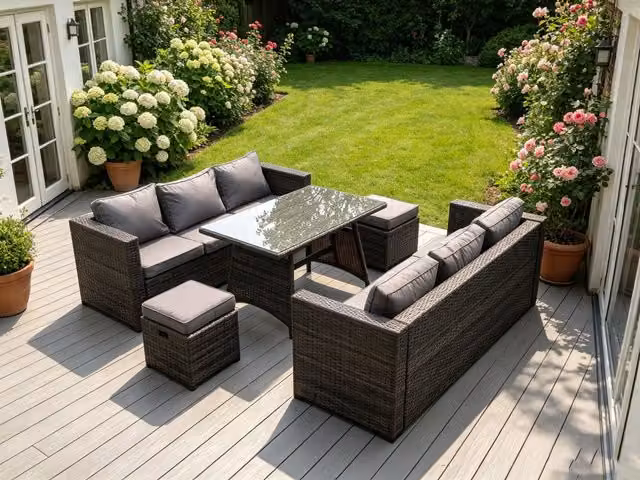 Fimous 8 Seater Rattan Lounge Dining Set with Table and Stools in Grey – 2