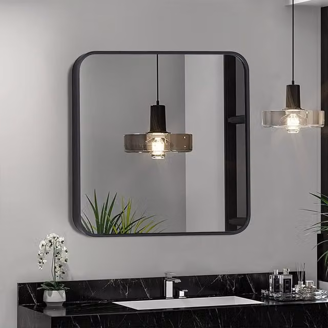 Livingandhome Minimalist Square Black Wall Mirror with Rounded Corners, 60 x 60 cm