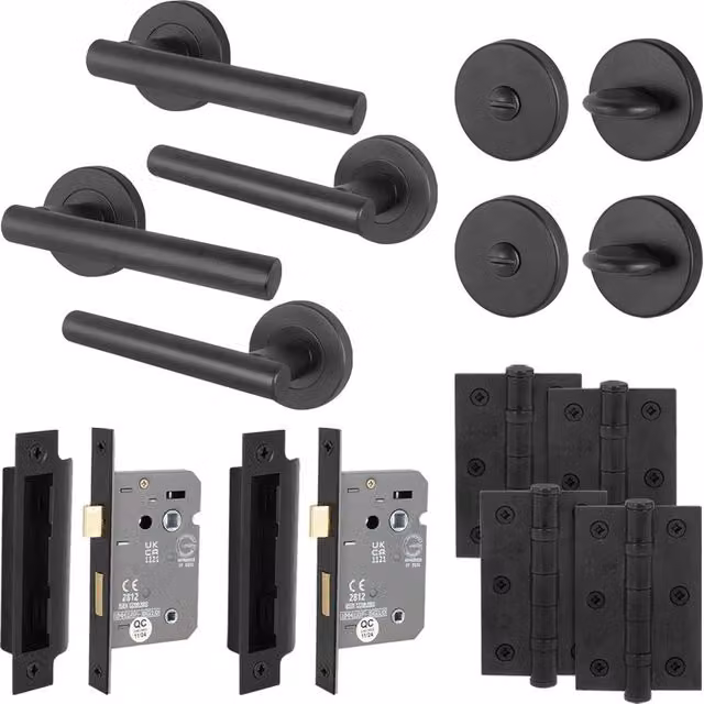 AFIT Black T-Bar Bathroom Door Handles with WC Lock and Hinges, 2 Pack