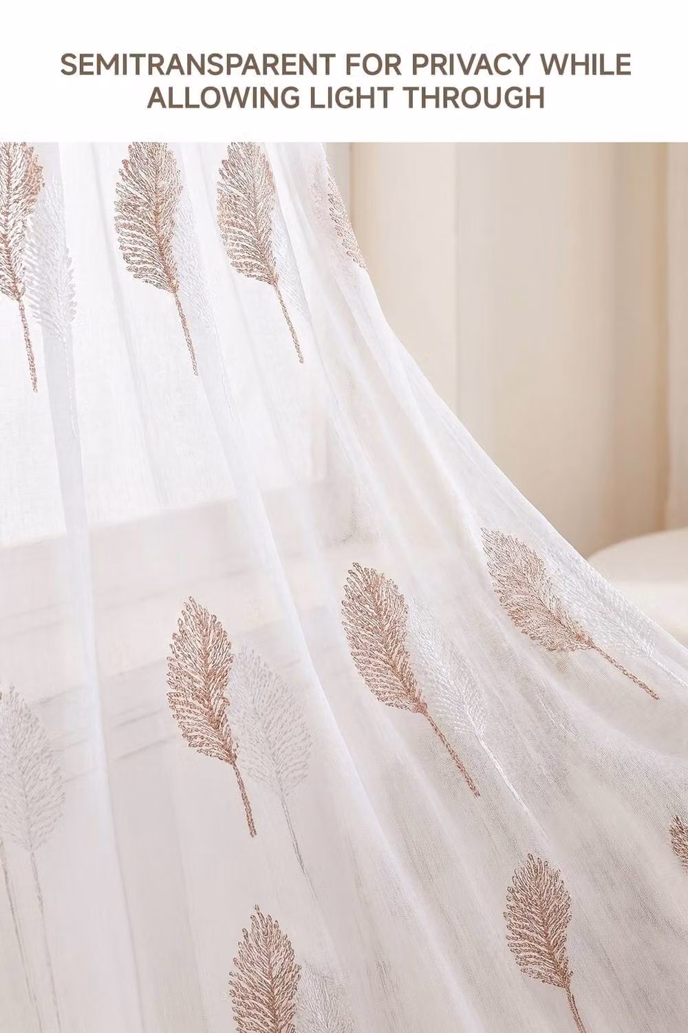 Living and Home White Leaf Pattern Embroidered Semi-sheer Curtains, 2 Panels, W: 130 cm, H: 180 cm – 2