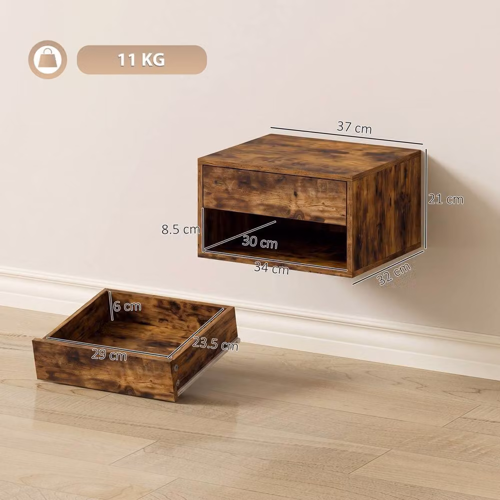 HOMCOM Rustic Brown Wall Mounted Nightstand with Drawer and Open Shelf – 3
