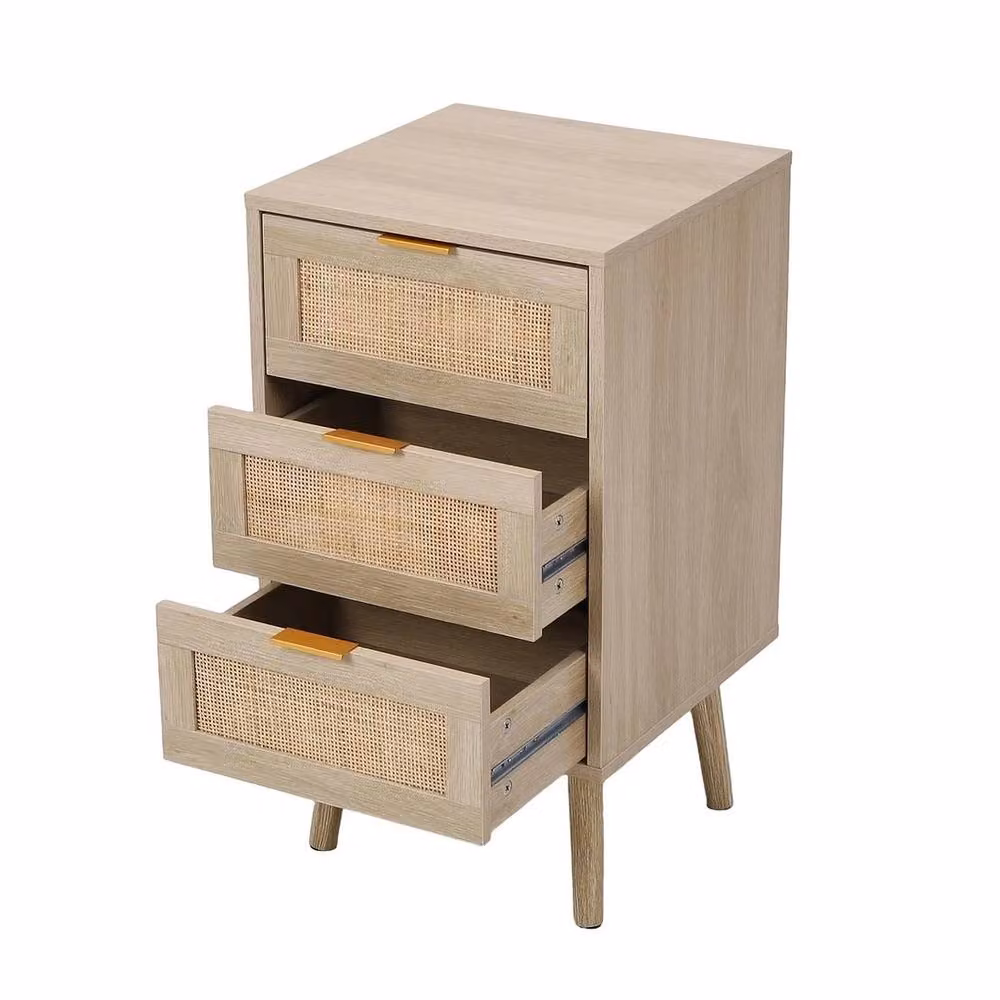 KORVIXA Rattan 3 Drawer Bedside Table and Wooden Storage Cabinet in Brown and Beige, W/D/H: 100 x 100 x 100 cm – 2