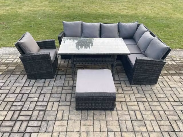 Fimous 8 Seater Rattan Garden Furniture Set with Corner Sofa, Dining Table, Chairs and Footstool in Dark Grey
