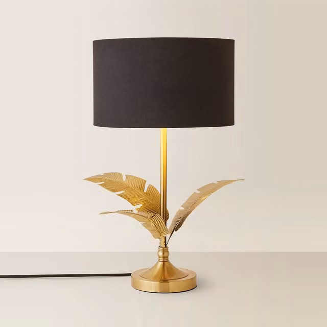Christina Palm Leaf Table Lamp with Black Fabric and Gold Metallic Shade