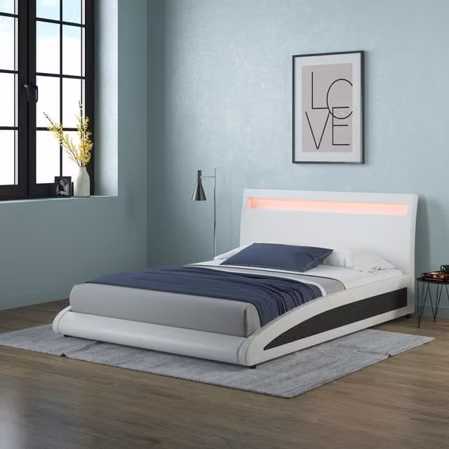 SlumberWorx Modern Upholstered Synthetic Leather Bed Frame with LED Headboard in White and Multicolour, 130cm