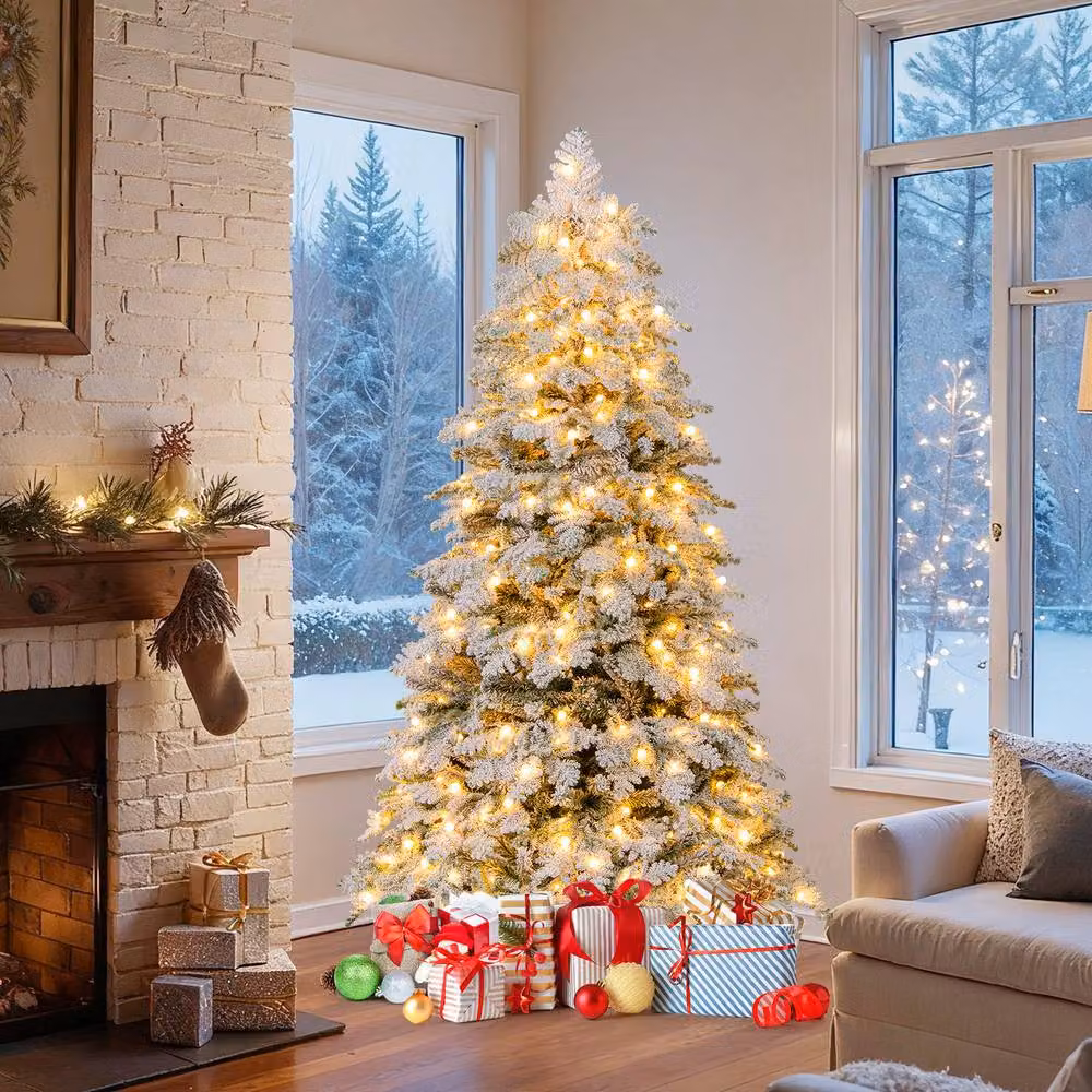 Gymax 6 FT Pre-Lit Artificial Snow Flocked Christmas Tree in White – 4