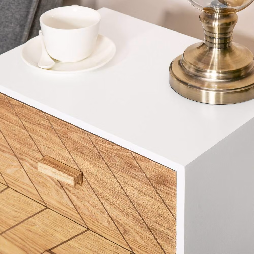 HOMCOM Scandinavian Style Solid Wood Bedside Table with Drawers in White – 4