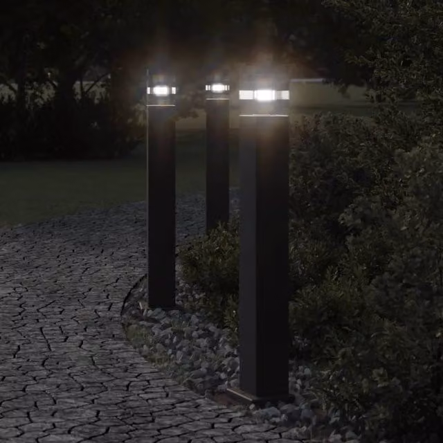 Berkfield Home Set of 3 Black Aluminium Outdoor Bollard Floor Lamps, Height: 80 cm