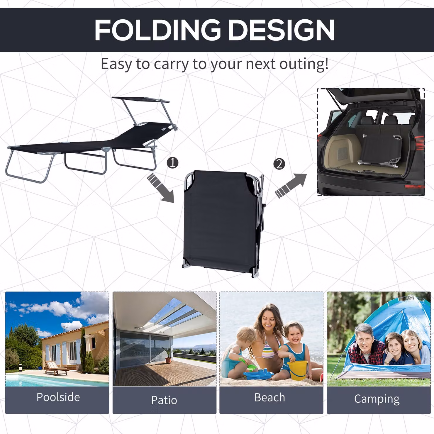 Outsunny Black Reclining Sun Lounger with Sun Canopy and Adjustable Headrest, W/D/H: 120 x 58 x 36 cm – 7