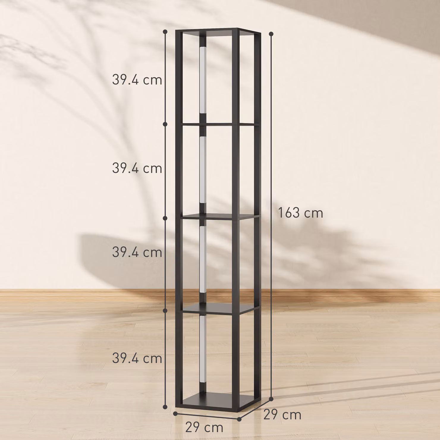 HOMCOM Modern Black Floor Lamp with 4 Shelves, Dimmable LED Column Lamp with 3 Brightness Levels and Foot Switch – 3