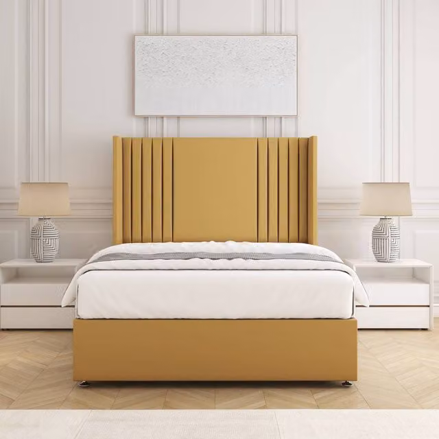 BSSPOKE Cheshire Divan Bed in Yellow Plush Velvet with 54 inch Headboard and 10 inch Mattress, Double, W/D/H: 140 x 200 cm