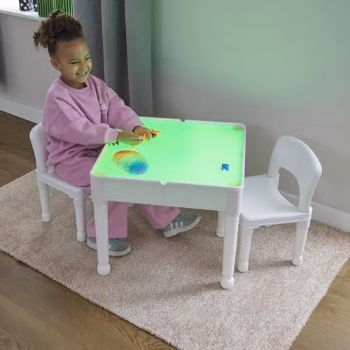Liberty House Toys Kids LED Light Table and Two Chairs Set, White with Black Accents, H43 x W51 x D51 cm