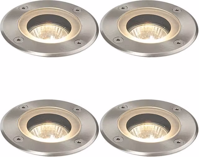 Loops 4 Pack Marine Grade IP65 Round Recessed Ground Light, 50W GU10, Stainless Steel and Glass, Silver